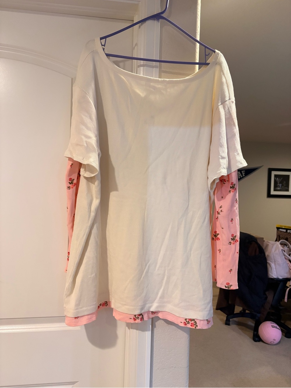 Urban Outfitters Cream Ribbed Long Sleeve Top with Pink Floral Layered Look